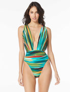 Vince Camuto: One Piece South Pacific Stripe Cross Front Swimsuit