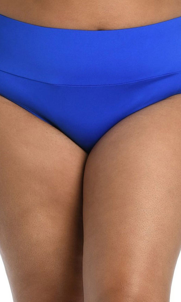24th & Ocean: Plus Solid Mid Waist Spliced Bikini Bottom - SAPPHIRE