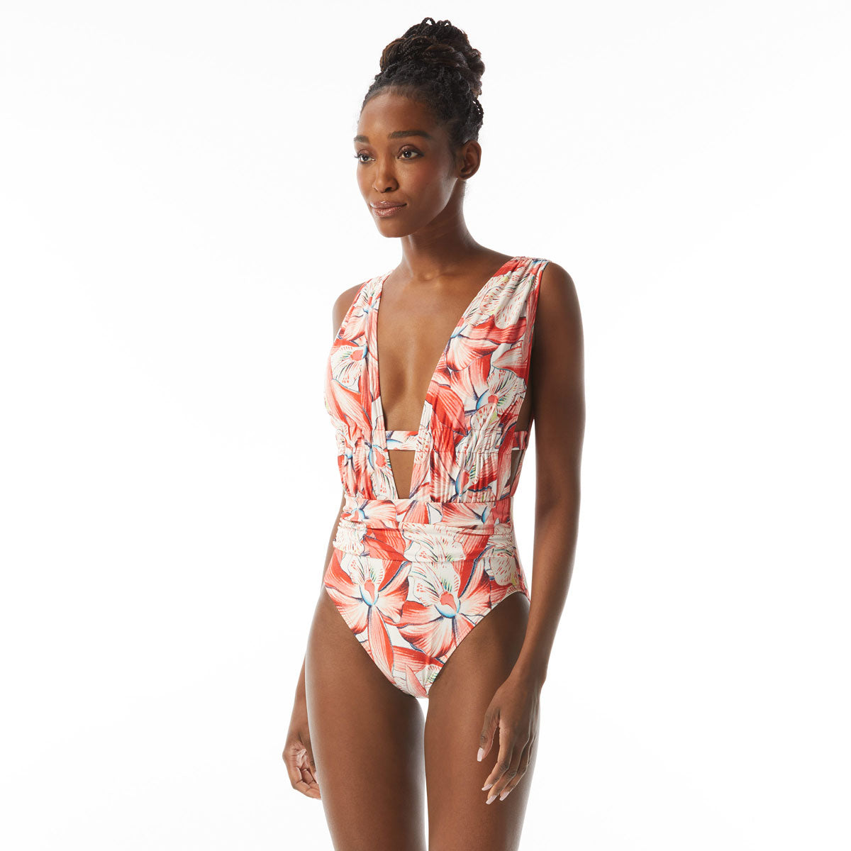 Carmen Marc Valvo One Piece Tiger Lilly Deep Plunge Ruched
