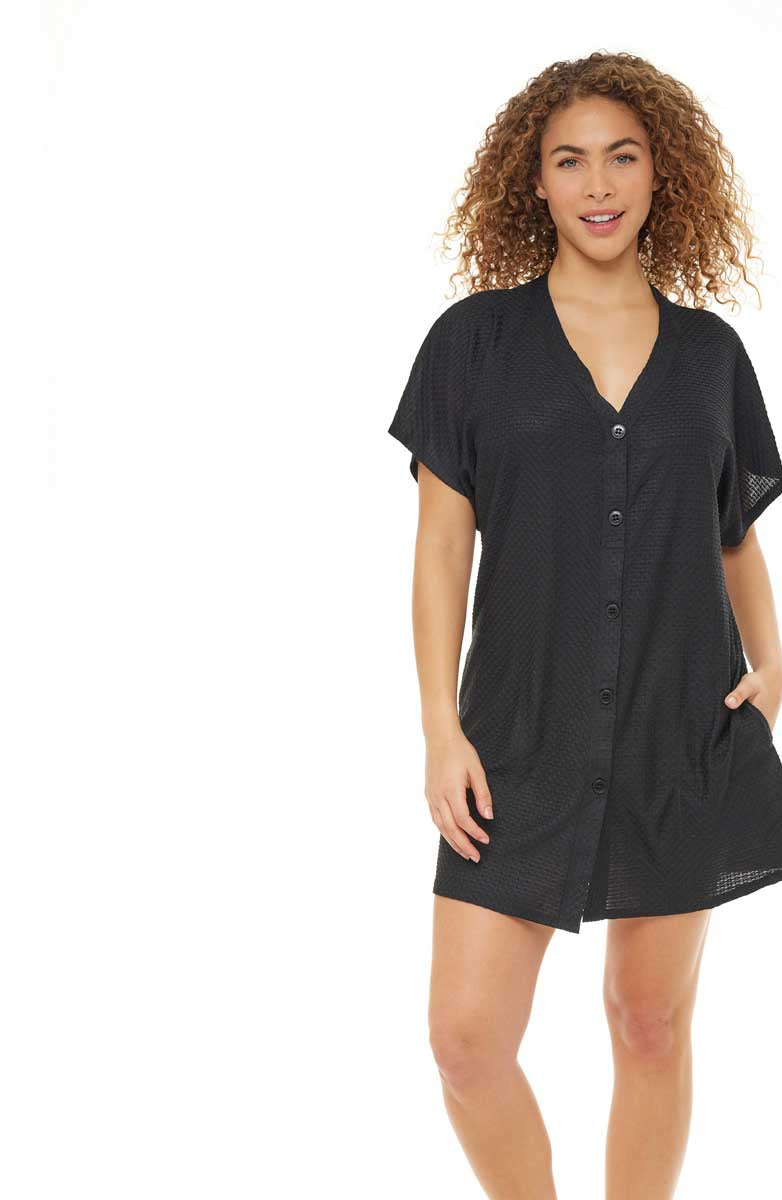 Jordan Taylor: Waffle Pocket Button Front Dress - BLACK