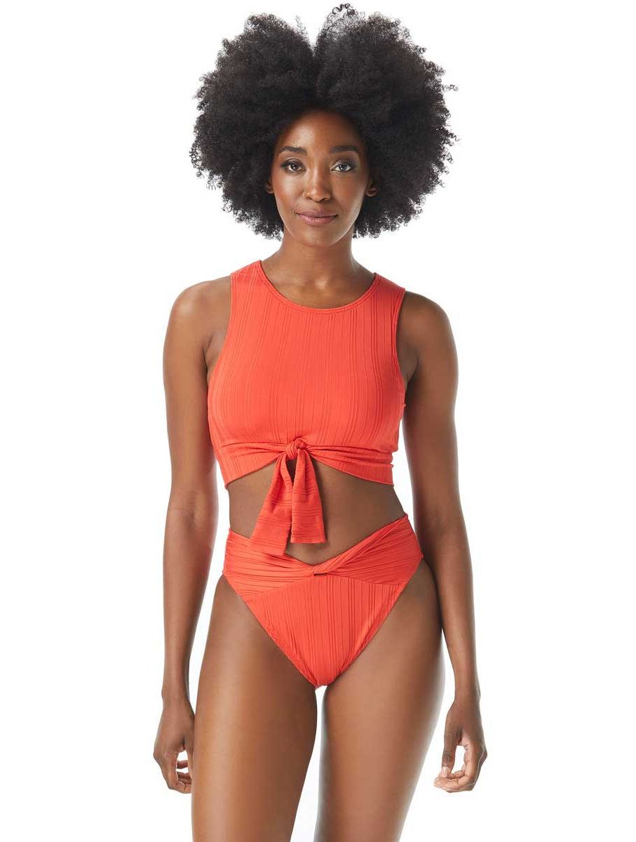VINCE CAMUTO: RIPPLE EFFECT TIE FRONT CROPPED BIKINI TOP - RED SUN